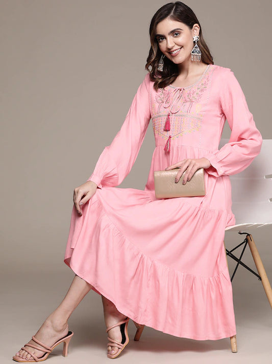 Pink Floral Embroidered Ethnic A-Line Dress