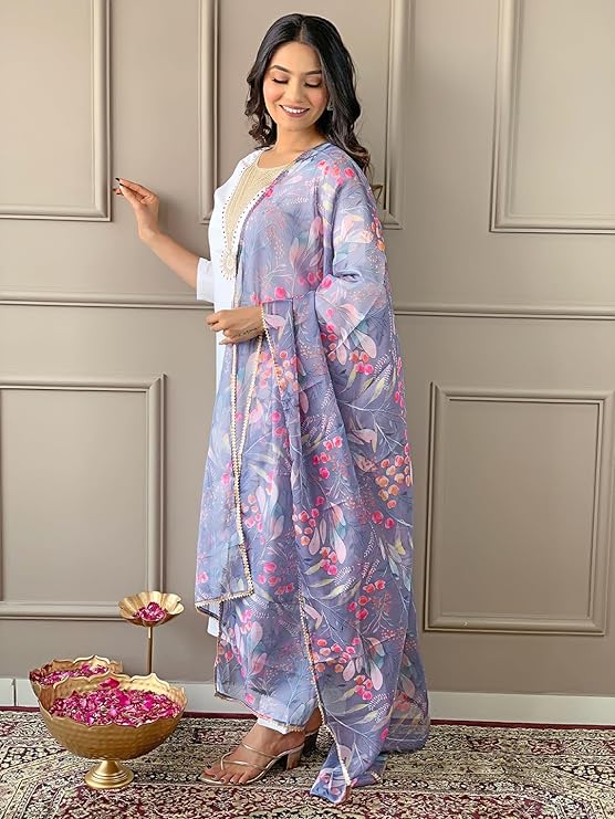 Women's Rayon Blend Embroidered A-line Kurta with Rayon Blend Pant and Organza Printed Dupatta Sets