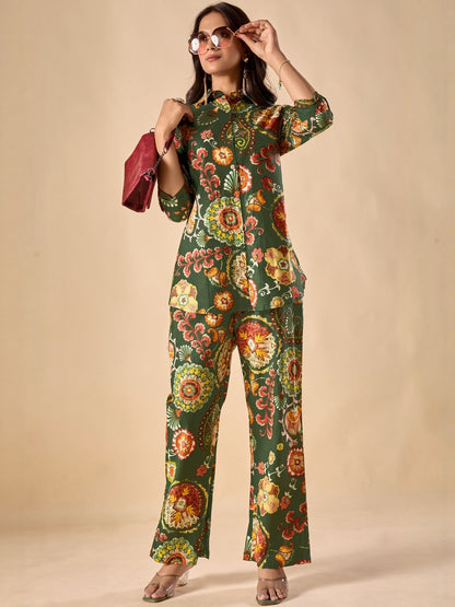Women Green Printed Pure Cotton Shirt & Trousers Casual Co-Ord Set