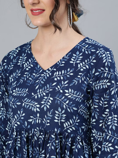 Blue Tropical Fit and Flare Cotton Dress