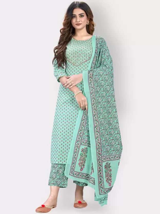 Women Green Pure Cotton Kurta Trouser Dupatta Set