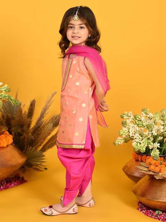 Girls Peach-Coloured Layered Kurti with Dhoti Pants & With Dupatta