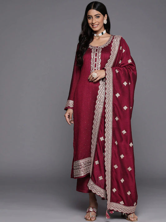 Women Maroon Floral Yoke Design Kurta Trousers & Dupatta