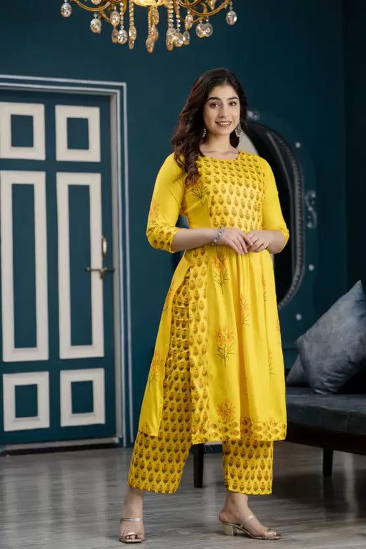 Women Yellow Cotton Rayon Kurta Palazzo Set