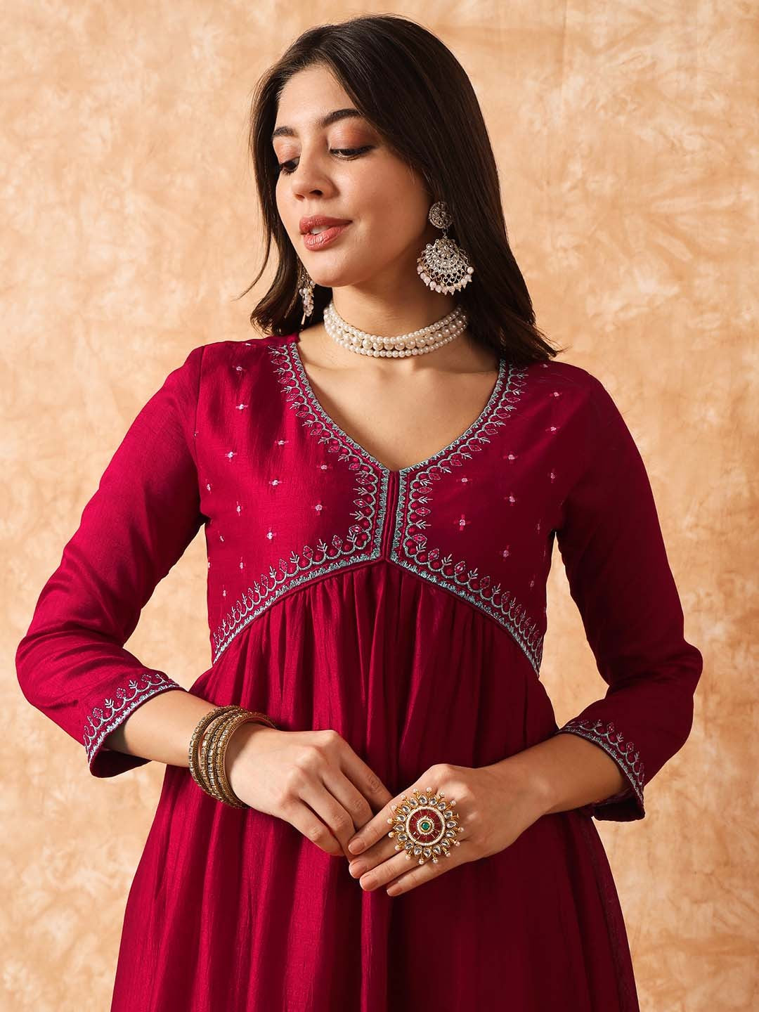 Ethnic Motif Embroidered Empire Thread Work Anarkali Kurta & Trousers With Dupatta