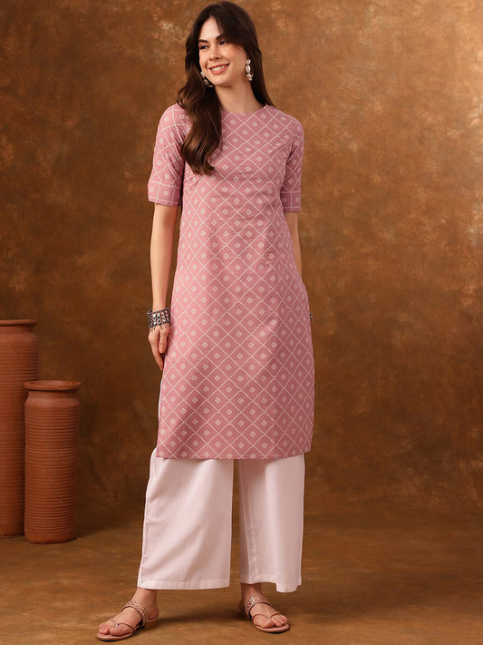 Geometric Printed Round Neck Pure Cotton Kurta with Palazzos