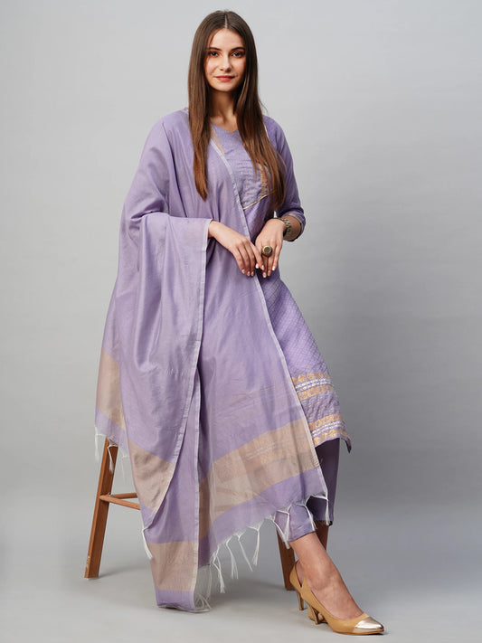 Women Purple Cotton Blend Kurta Pant Dupatta Set