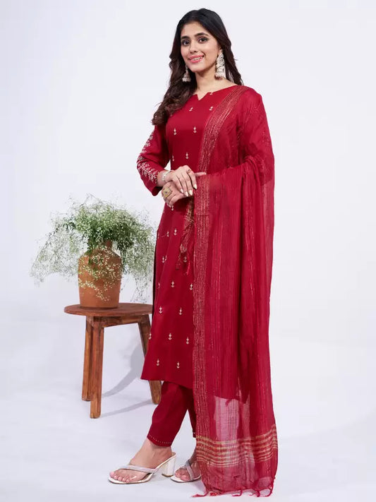 Women Cotton Blend Kurta Pant Dupatta Set