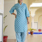 Women Blue Cotton Blend Kurta Pyjama Set