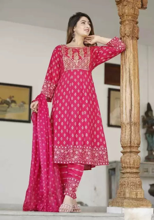 Women Pink Cotton Printed Kurta Pant Plazzo and Dupatta set