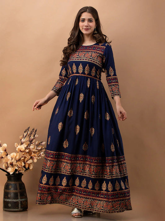 Blue Ethnic Motifs Maxi Maxi Dress