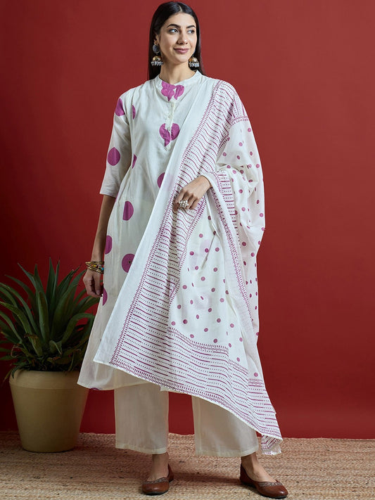 Magenta & Off White Geometric Printed Pure Cotton Kurta with Palazzos & With Dupatta