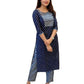 Women's Blue Cotton Blend Straight Printed Kurta with Pant Set