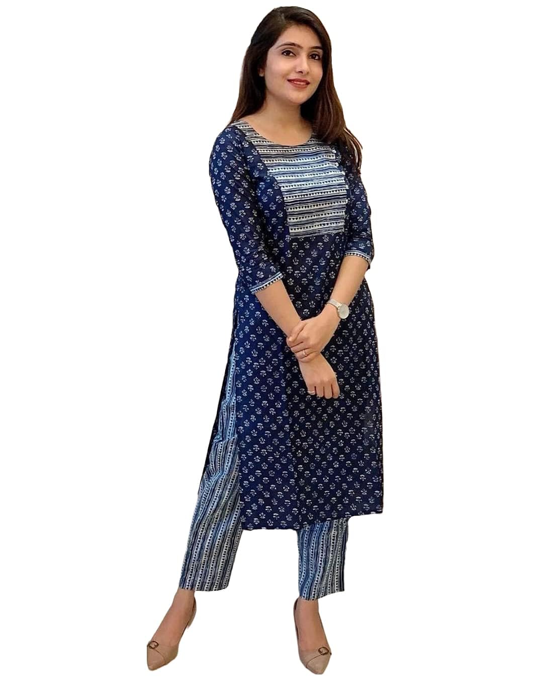 Women's Blue Cotton Blend Straight Printed Kurta with Pant Set