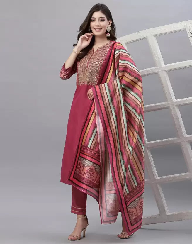 Women Multicolor Pure Silk Kurta Pant Dupatta Set