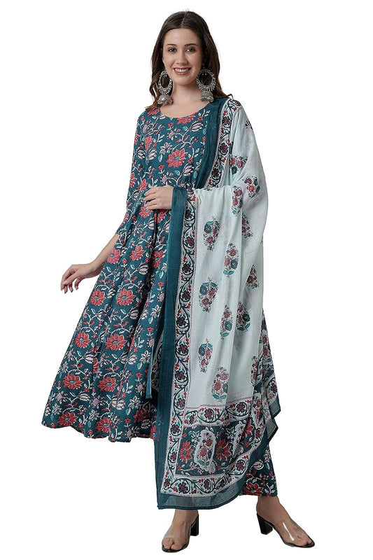 Women's Rayon Floral Printed Anarkali Kurta with Pant and Dupatta Set