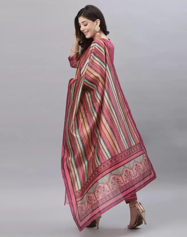 Women Multicolor Pure Silk Kurta Pant Dupatta Set