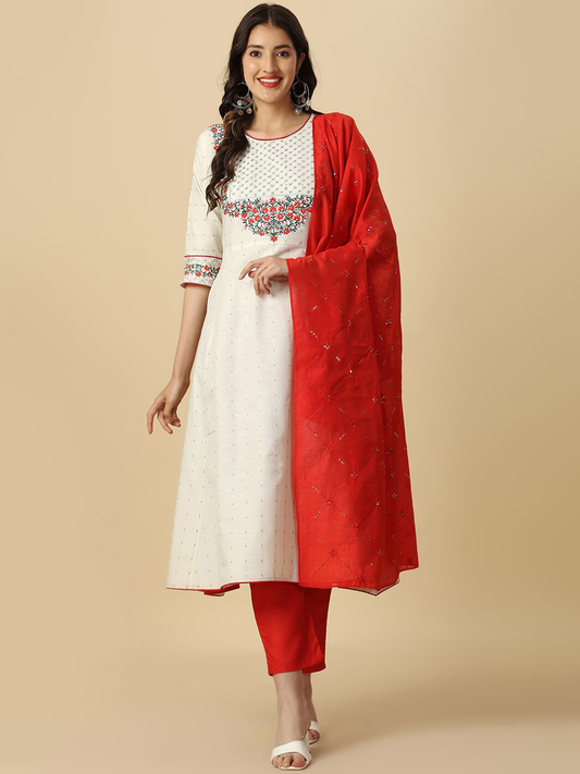 Floral Embroidered Pure Cotton A-line Kurta With Trousers & Dupatta