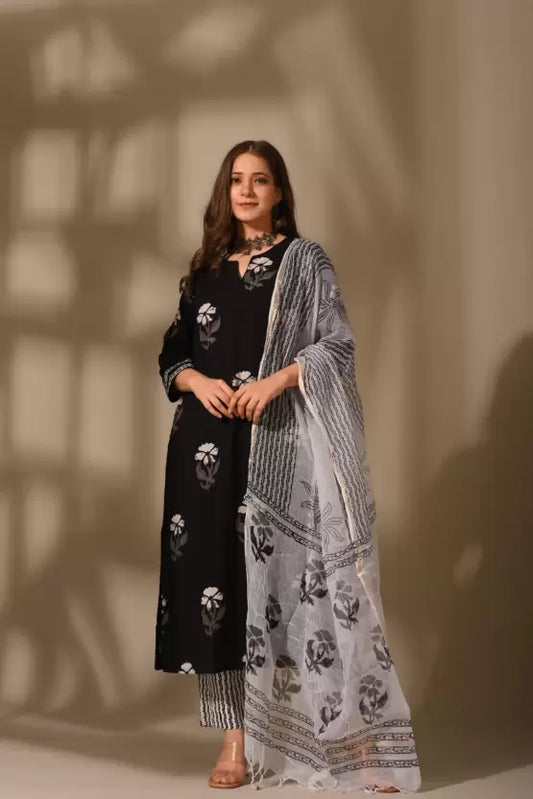 Women Black Printed Kurta, Trouser/Pant & Dupatta Set