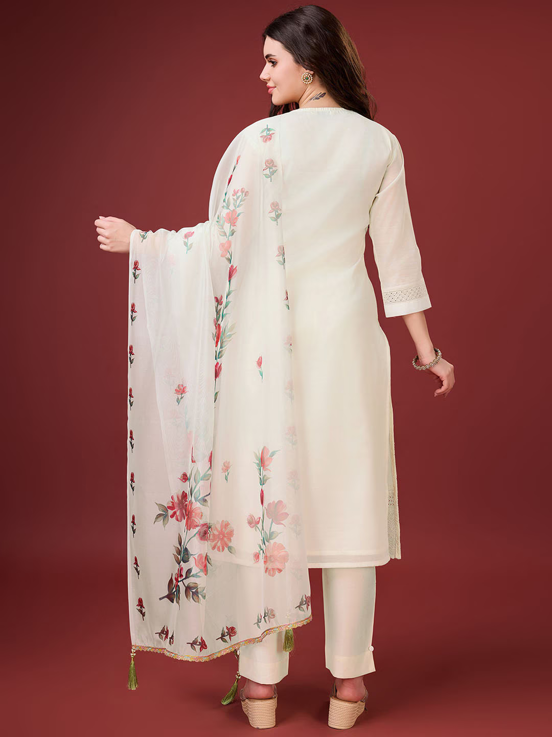 Floral Yoke Design Regular Schiffli Chikankari Kurta With Trousers & Dupatta