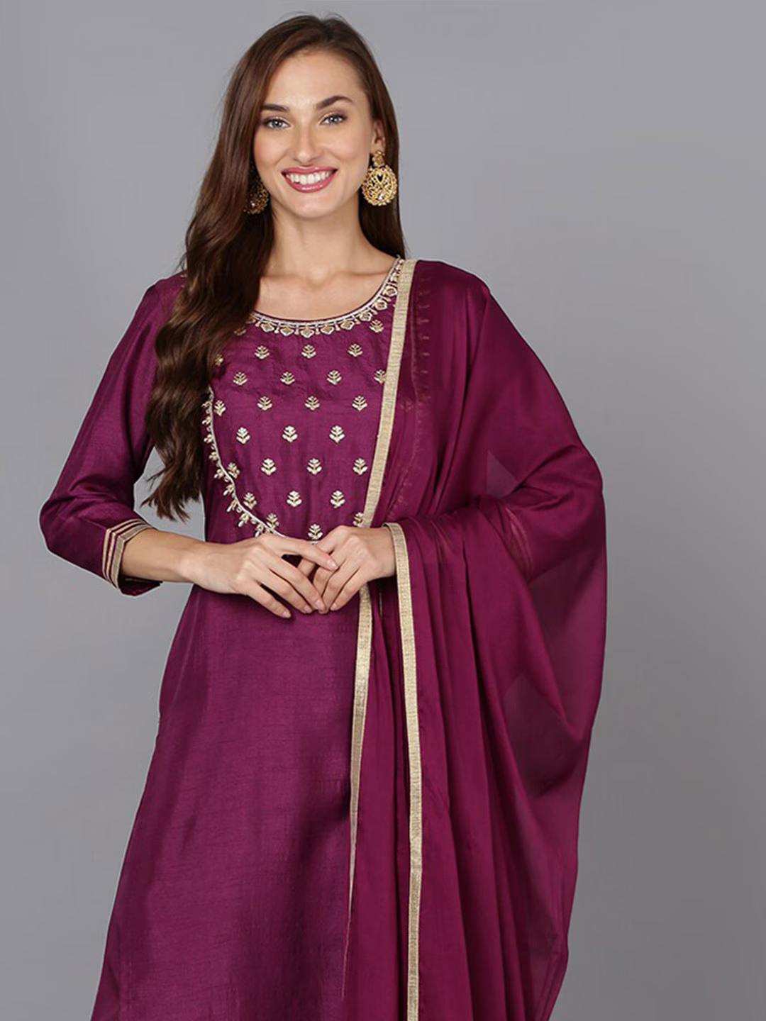 Ethnic Motifs Yoke Design Thread Work Kurta With Trousers & Dupatta