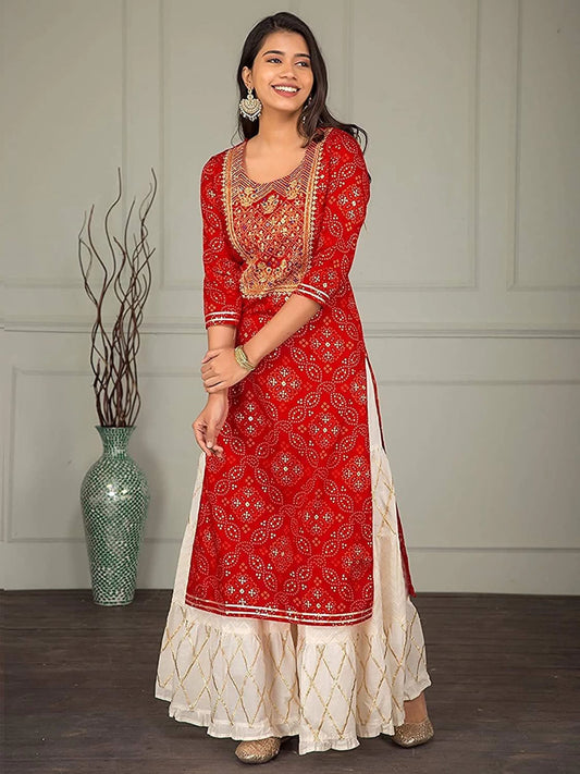 Red Rayon Kurta & White Sharara set