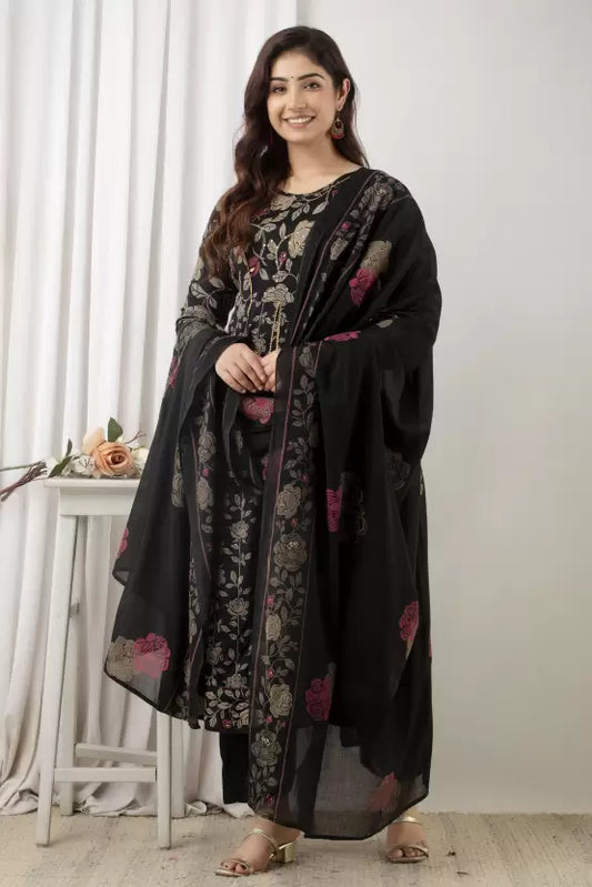 Women Black Floral Kurta and Palazzo Set Viscose Rayon
