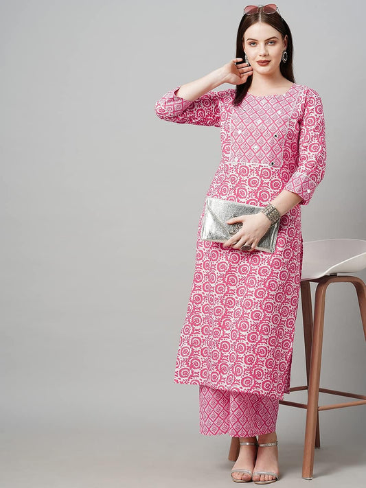 omen's Pink Cotton Blend Traditional Straight Printed Kurta and Palazzo Set