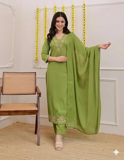 Women Solid Embroidery Kurta and pant set With Dupatta - Amy's Cart