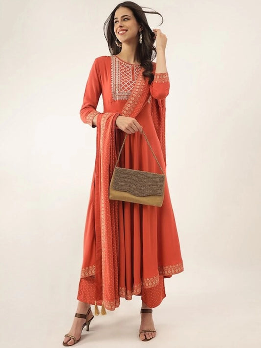 Women Orange Viscose Rayon Kurta Palazzo Dupatta Set