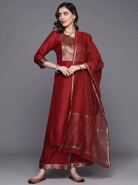 Women Red Cotton Blend Kurta Palazzo Dupatta Set