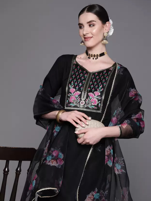 Women Black Pure Cotton Kurta Palazzo Dupatta Set