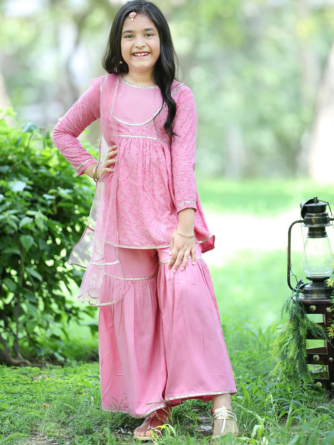 Girls Floral Motifs Printed Empire Gotta Patti Kurta & Sharara with Dupatta