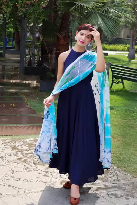 Women Navy Blue Viscose Rayon Kurta and Sky Blue Dupatta Set