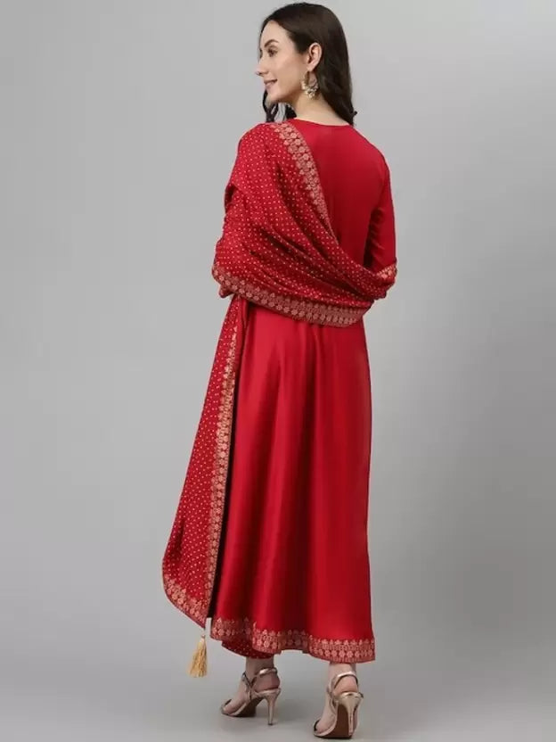 Women Viscose Rayon Red Kurta Palazzo Dupatta Set