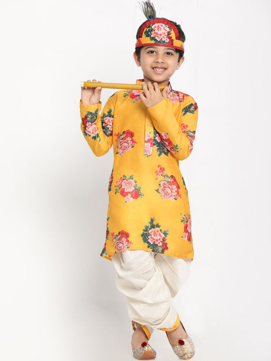 Boys Yellow Floral Printed Kurta with Dhoti Pants