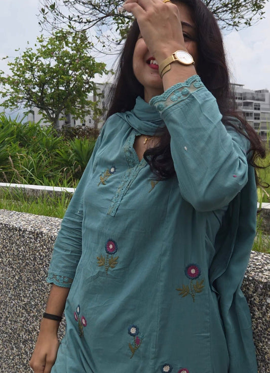 Premium Quality Cotton Sea Green Kurta Top, Pant and Dupatta Set