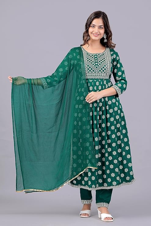 Sequin Zari Embroidery Printed Naira Cut Kurta Plazzo Set with Dupatta