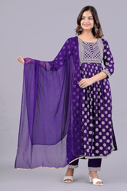 Sequin Zari Embroidery Printed Naira Cut Kurta Plazzo Set with Dupatta