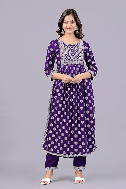 Sequin Zari Embroidery Printed Naira Cut Kurta Plazzo Set with Dupatta