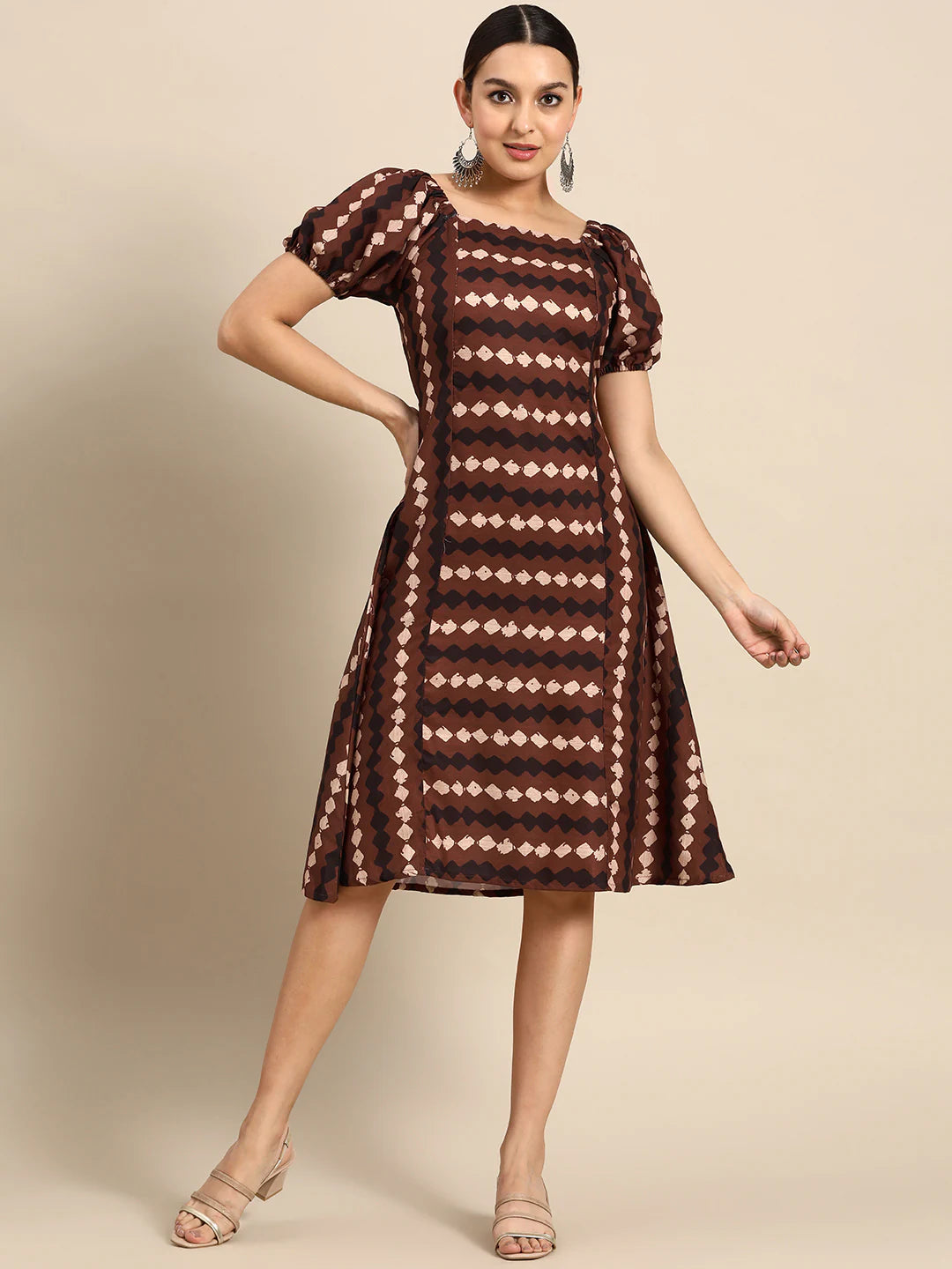 Ethnic Print Square Neck Cut-Out Back A-Line Dress