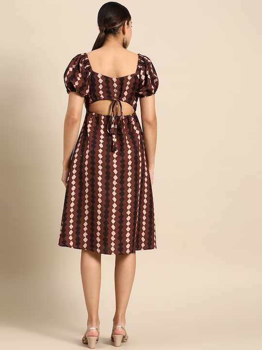 Ethnic Print Square Neck Cut-Out Back A-Line Dress