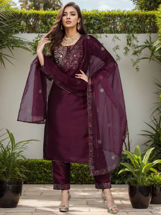 Purple Ethnic Motifs Embroidered Zari Kurta with Trousers & Dupatta