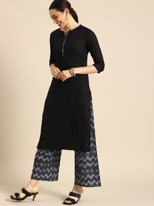 Women Black Regular Pure Cotton Kurta with Palazzos