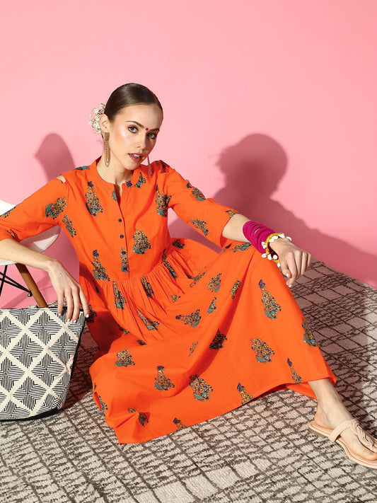 Orange Ethnic Motifs Ethnic A-Line Pure Cotton Midi Dress