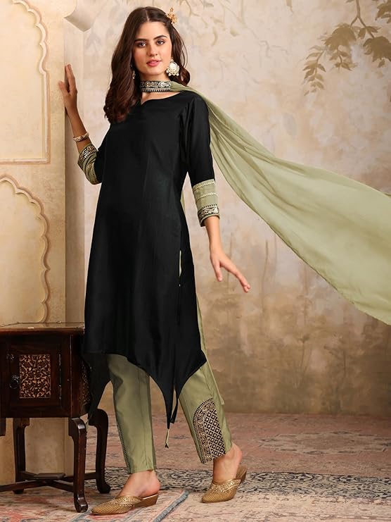 Women's Cotton Silk Embroidered Asymmetric Kurta Pant with Choker Dupatta Set