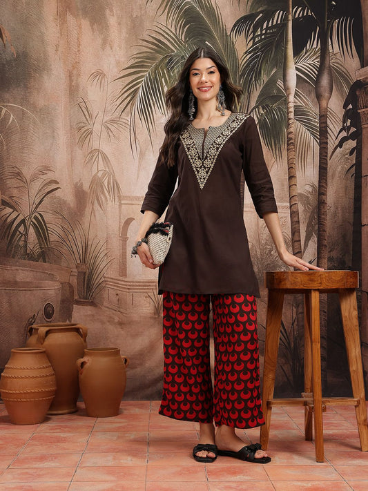 Yoke Design Cotton Kurta with Trousers - Amy's Cart
