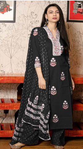 Ethnic Motifs Printed V-Neck Straight Kurta With Palazzo And Dupatta