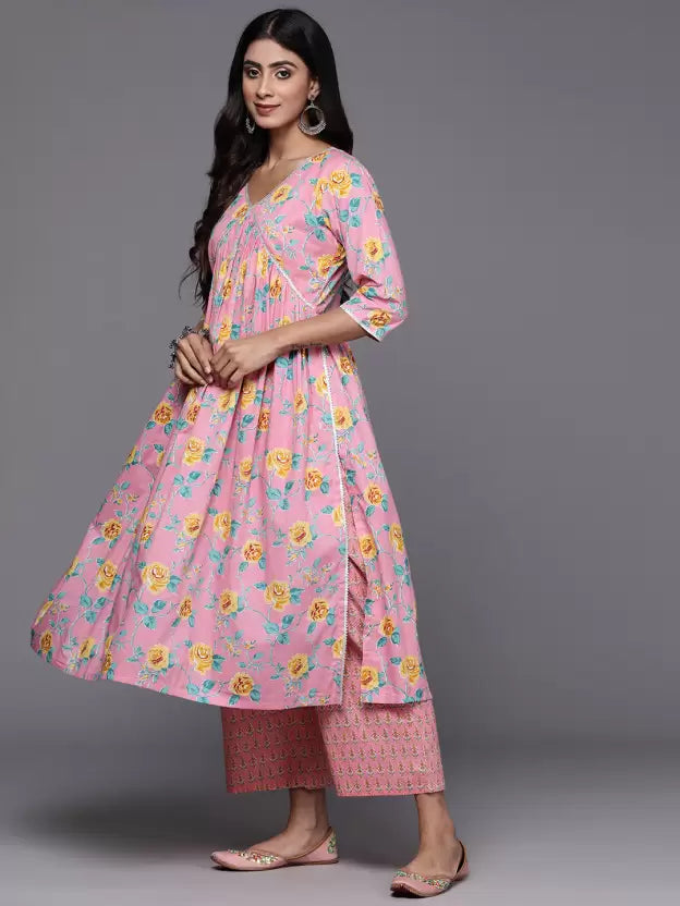 Women Pink Cotton Blend Kurta Set