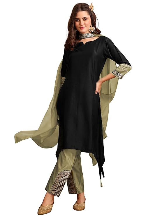 Women's Cotton Silk Embroidered Asymmetric Kurta Pant with Choker Dupatta Set